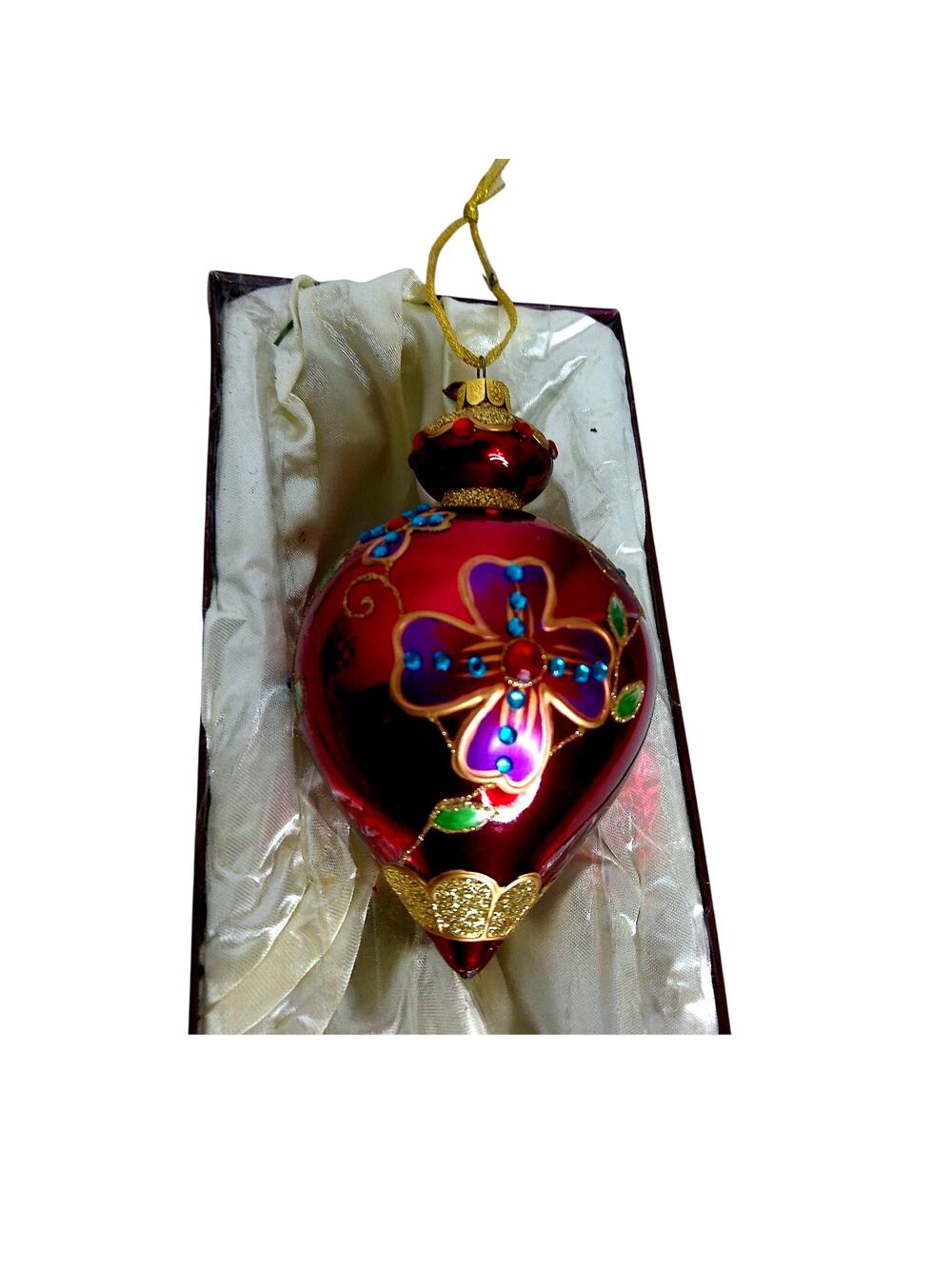 Garnet Red Hand Painted Glass Christmas Bauble Renaissance Style Jeweled